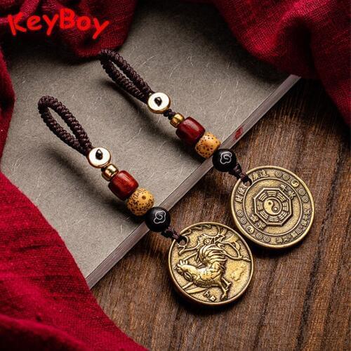12 Zodiac Animals Tags Car Key Chain Pendants Brass Rat Bull Tiger Rabbit Dragon Snake Horse Sheep Monkey Dog Pig Rope Hangings