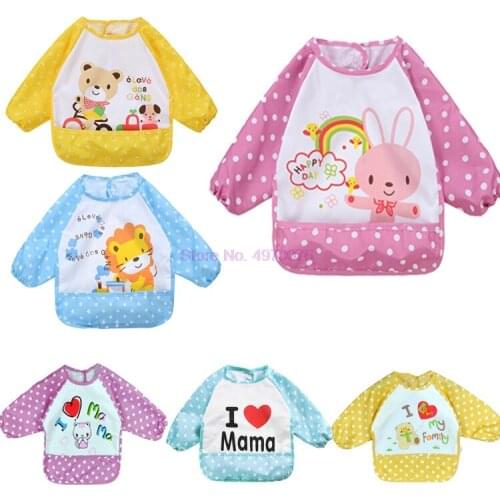 DHL 100pcs Child Feeding with a Pocket Cartoon Bib Waterproof Long Sleeve Apron Smock Burp Clothes Eat Toddler Clothing
