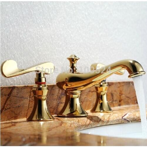 EMS(DHL)Free shipping PVD GOLD WIDESPREAD LAVATORY BATHROOM SINK FAUCET Lever handles knobs faucet