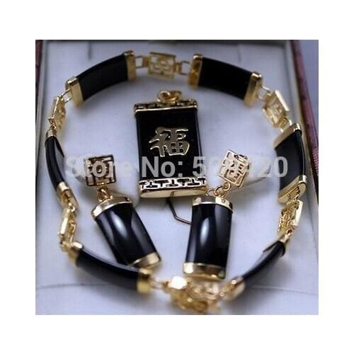 Good Wholesale black jade stone bracelet earring pendant/necklace Set