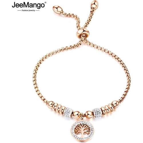 JeeMango Titanium Stainless Steel Mosaic Crytal Tree Charm Bracelets For Women Rose Gold Adjustable Chain Link Bracelet JB20055