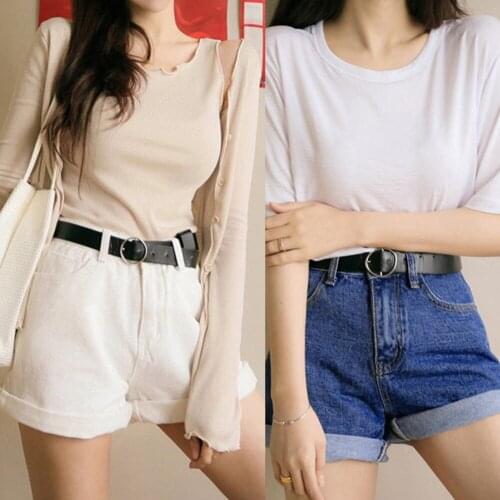 2021 Hot Sale Women Summer Solid Color High Waist Cuffed Stretch Elastic Wide Leg Pocket Short Jeans Denim Shorts S-2XL