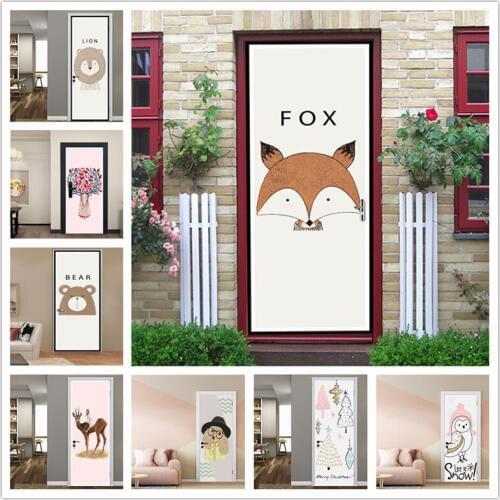 Cartoon Fox Penguin PVC Door Stickers For Kids Room Decoration DIY Poster Wallpaper On The Doors Home Design Decor Mural Decals