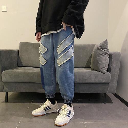 Mens Blue/black Color Leisure Casual Pants Baggy Homme Cargo Pocket Wash Jeans Haren Pants Tide Big Size Trousers M-5XL