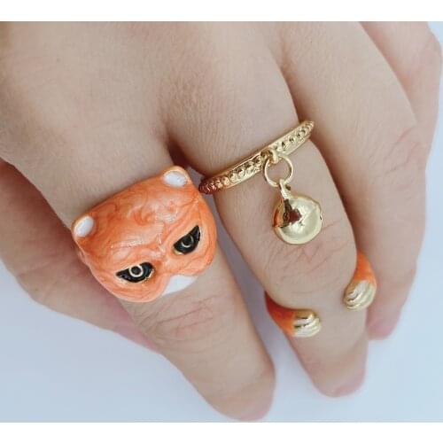 2021 New Creative Color Painting Dripping Oil Orange Cute Cat Ring Fashion Lady Bell Joint Ring Charm Lady Popular Party Jewelry