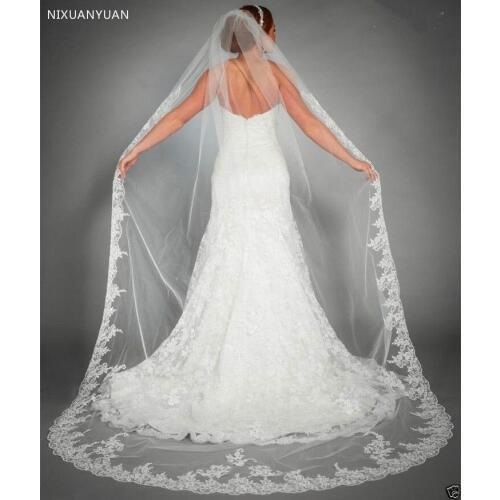 One Layer Tulle Ivory Lace Edge Wedding Veil Elegant Veu De Noiva Longo Long Bridal Veil Voile Mariage Wedding Accessories
