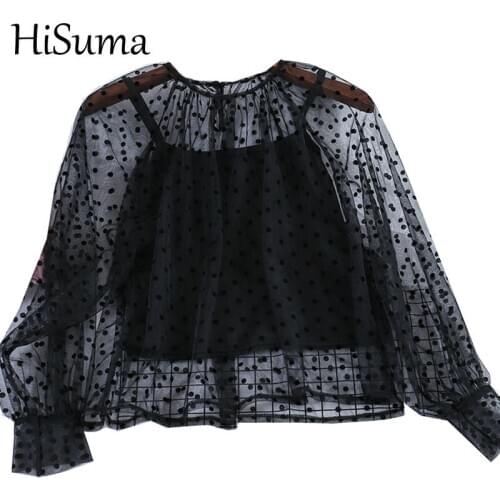 HISUMA Autumn Women Embroidery Polka Dot Lantern Sleeve Pullover Basic Shirt Elegant Female Elastic Mesh Gauze Chic Blouse Tops
