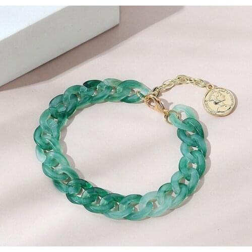 Plastic bracelets for women acrylic resin gradual green black color chunky chain bracelet for egirls harajuku roman head coin