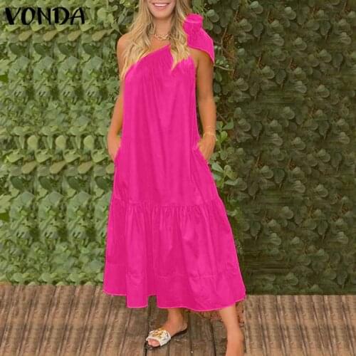 VONDA Women Ruffled Hem Dress Casual Sexy One Shoulder Bow Solid Dresses With Pockets Vintage Pleated Baggy Bohemian Vestido