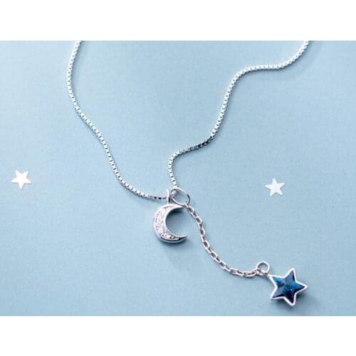 Authentic 100% REAL. 925 Sterling Silver Jewelry Blue Star &zirconia moon crescent pendant "Y" Necklace GTLx1769