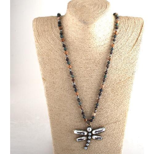 MD Fashion Bohemian Tribal Jewelry 6mm Semi Precious Stone Long Knotted Metal Dragonfly Pendant Necklaces