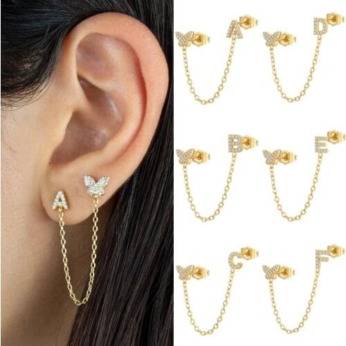 ISUEVA Brilliant 18K Gold Filled Cubic Zircon A-Z Letter Pavé Butterfly Connected Initial Chain Stud Earring For Women Jewelry
