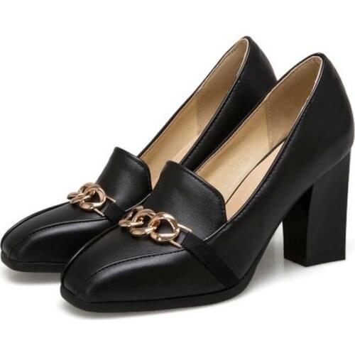 Sianie Tianie Mature Lady Office Pumps Block High Heels Woman Loafers Shoes With Metal Chain Women Heels Stilettos Size 33-48