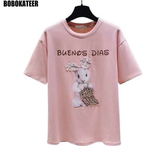 Summer Tops Women T shirt Cotton White Loose Short Sleeve Oversize T-Shirt Woman Beading Kawaii Clothes Pink Haraju Fashion 2021