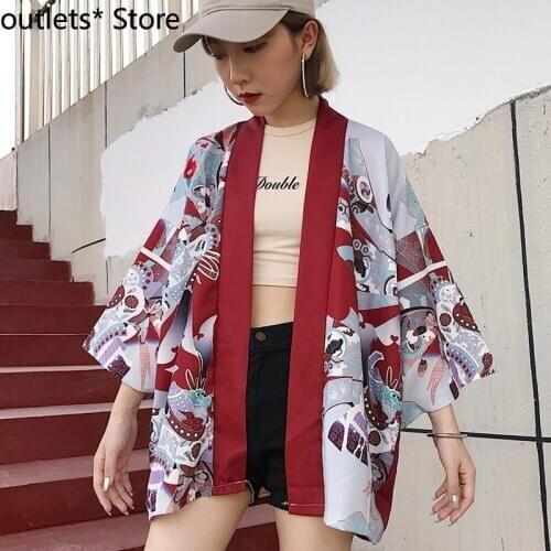 Japanese Traditional Kimono Yukata Harajuku Cardigan Loose Seven-quarter Sleeve Couple Top Kimono Dress