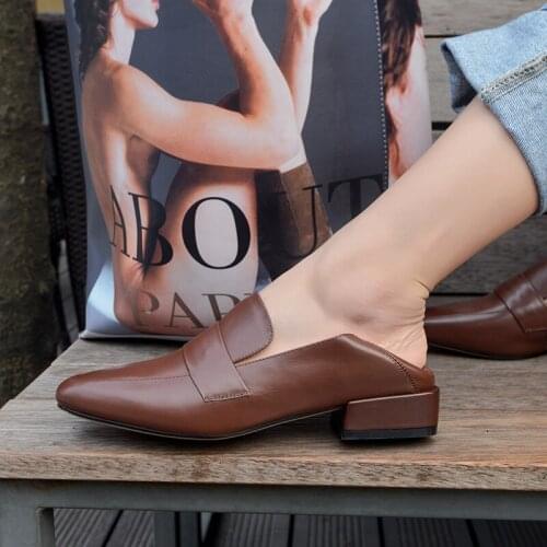 New Genuine Leather Women Shoes Slip-On Casual Loafers Shoes 2021 Thick Heel Fashion Spring and Autumn Flats Size 34-40 Handmade