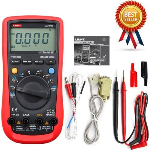 UNI-T UT109 Digital Automobile Multimeters Handheld Vehicle Multimeter Auto Range AC DC Voltmeter Resistance Capacitance RS232