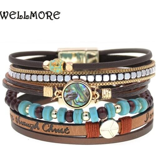 WELLMORE bohemia beaded bracelets for women leather bracelets multilayer wide charm Bracelets & Bangles Female fashion Jewelry