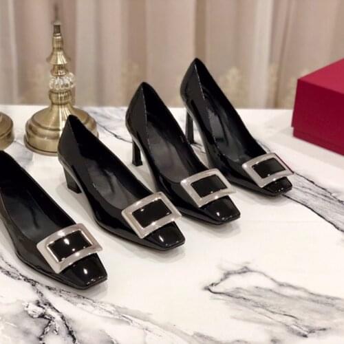 Patent Leather Square Toe Mid Heel Womens Pumps Shoes Slip On Shallow Cow Leather Shoes For Women Top Quality Womens Shoes