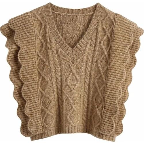 2021 New Women Cable-Knit Vest Sweater V-neck waistcoat Ruffle trim Women Pullover Warm Knitted Tank Tops
