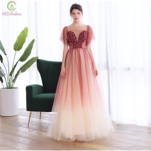 SSYFashion New Luxury Evening Dress Banquet Elegant Wine Red Gradient Color Beading Long Formal Prom Gown Vestidos De Fiesta