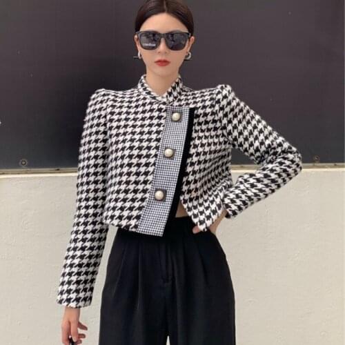Korean Chic Simple Temperament Houndstooth Tweed Outerwear Stand Collar Single-breasted Long-sleeved Blends Wool Female Coat