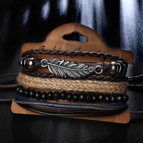 2019 fashion jewelry vintage handwork weave Multi-layer leather bracelet charm jewelry Leaves beads cuff bracelets for women