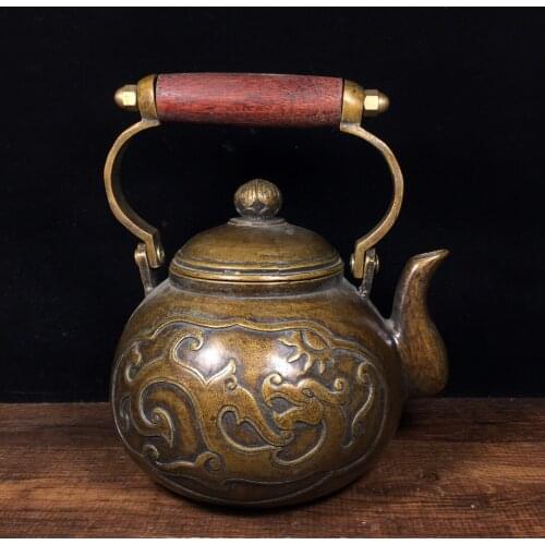 7"Chinese temple collection Old Bronze Cinnabar Lacquer Chinese dragon statue Handle pot flagon kettle Ornaments Town House