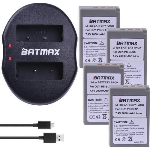 Batmax 4Pcs 2000mAh PS-bls5 BLS-5 BLS5 BLS 5 BLS-50 Battery+Dual USB Charger for Olympus OM-D E-M10, PEN E-PL2, E-PL5, E-PL6