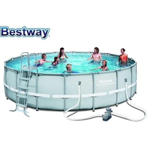56427 Bestway 549x132cm Power Steel Frame Pool Set 18'*52" Round Frame Swimming Pool+Filter,Ladder,Mat,Cover Above Ground Pool