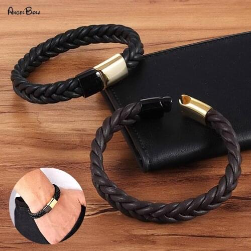 Stainless Steel Simple Solid Color Magnetic Buckle Leather Rope Bracelet Personality Anti-fatigue Buddha Bracelet Jewelry Gift