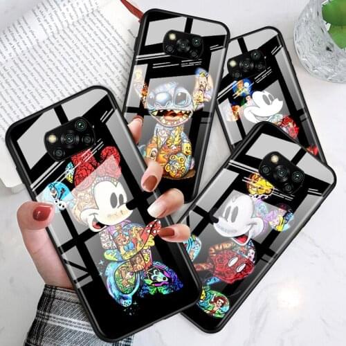 Mickey Tattoo Cartoon for Xiaomi POCO X3 NFC F3 M2 X2 F2 Redmi K30 Redmi Note 9 Pro Luxury Tempered Glass Phone Case Cover