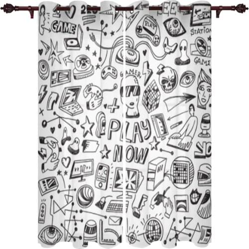 Black and White Sketch Style Game Cartoon Curtains For Living Room Window Curtains For Bedroom Kitchen Curtains Drapes Blinds