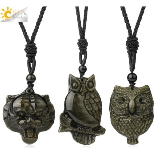CSJA Golden Obsidian Necklace Natural Stone Yoga Tiger head Sculpture Tree of Life Animal Owl Men Necklaces Pendant Jewelry G777