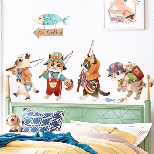 Creative Fishing Cat Wall Stickers Bedroom Living Room Decoration Aesthetic Art Self Adhesive PVC Wallpaper