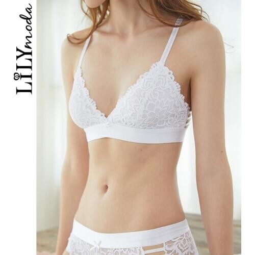 LILYMODA New Women Sexy Bralette Bra Lace Ultra Thin Triangle Cup Brassiere Underwear Set Female Beautiful Lingerie WHITE