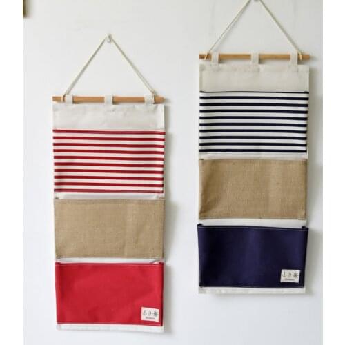 Multi-Function Striped Splicing Storage Bag 3 Pockets Sundry Storage Hanging Bag/Wall Bag