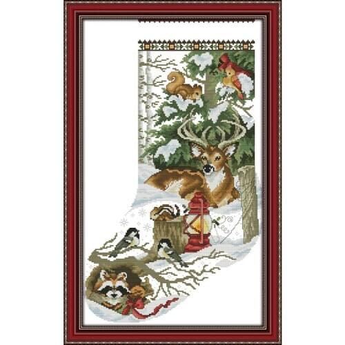 Cross Stitch Kit Winter Jungle Christmas Stocking 14ct 11ct Count Printed Canvas Stitches Embroidery DIY Handmade Needlework Set