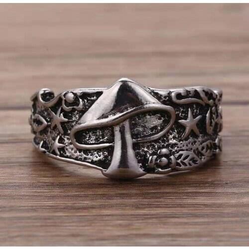 Retro Mushroom Star Leaf Ring Punk Ancient Silver Color Ring Mens and Womens Cocktail Party Jewelry Anniversary Lovers Gift