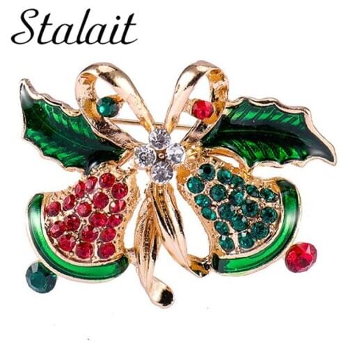 Christmas Bell Red And Green Rhinestone Crystal Brooch Gold Color Bow Leaf Christmas Brooch Xmas Jewelry For Child