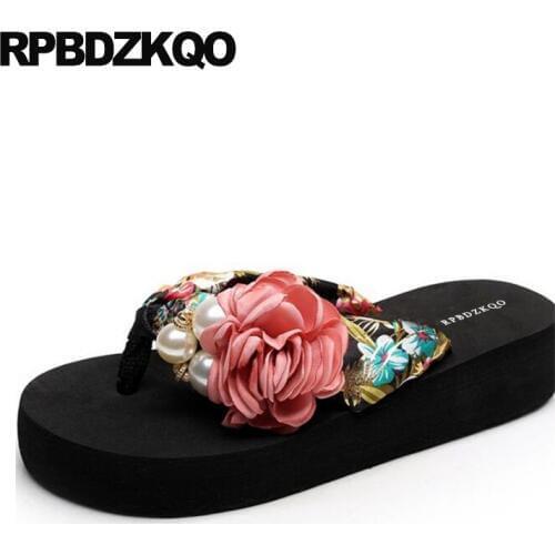 Pink Lady Slipper Big Size Flip Flop Wedge Shoes Pearl Brand Slides Flower 5 Platform High Heel Sandals Floral Print Designer