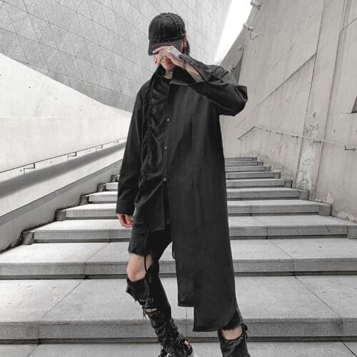 2020 Black Asymmetrical Pleated Men Shirt Hip Hop Punk Oversized Long Shirts Harajuku Casual Blouse Camisa Masculina