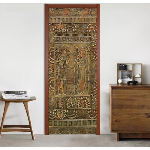 PVC Self-Adhesive Waterproof Wall Door Sticker 3D Retro Egyptian Pharaoh Wallpaper Living Room Study Door Decals 3D Mural Decor