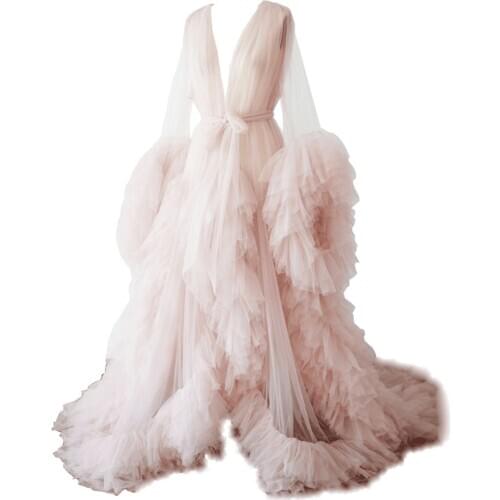 Sexy Blush Pink See Thru Long Prom Dresses With Puff Full Sleeves Prom gowns Ruffles Tiered Pregnant Woman Long Robe