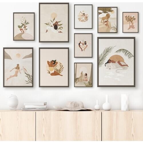 Girl Woman Spirit Animal Wolf Lion Vintage Wall Art Canvas Painting Nordic Posters And Prints Pictures For Living Room Decor