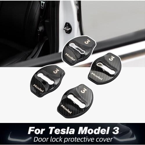 Vxvb New For Tesla Model 3 Door Lock Accessories Model Three Carbon Fiber ABS 2020 Sticker Model3 Car Door Lock Buckle Cover