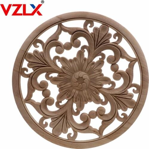 VZLX Round Decorative Fashion Floral Wood Carved Decal Corner Appliques Frame Wall Doors Furniture Woodcarving Wooden Figurines