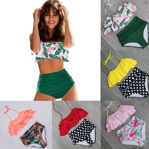 Women Ruffle Bikini Set High Waist Swimsuit Polka Dot Bathing Suit Print Swimwear Bandage Swim Suit Plus Size Floral Beachwear