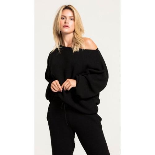 Womens Black Boat Neck Knitwear Bottom Top Set Dress -Made in Turkey