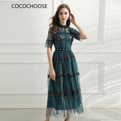 Luxury Floral Embroidery Mesh Dress Summer 2021 Designer Runway Fashion Peter Pan Collar Short Sleeve Women Maxi Dress High-end